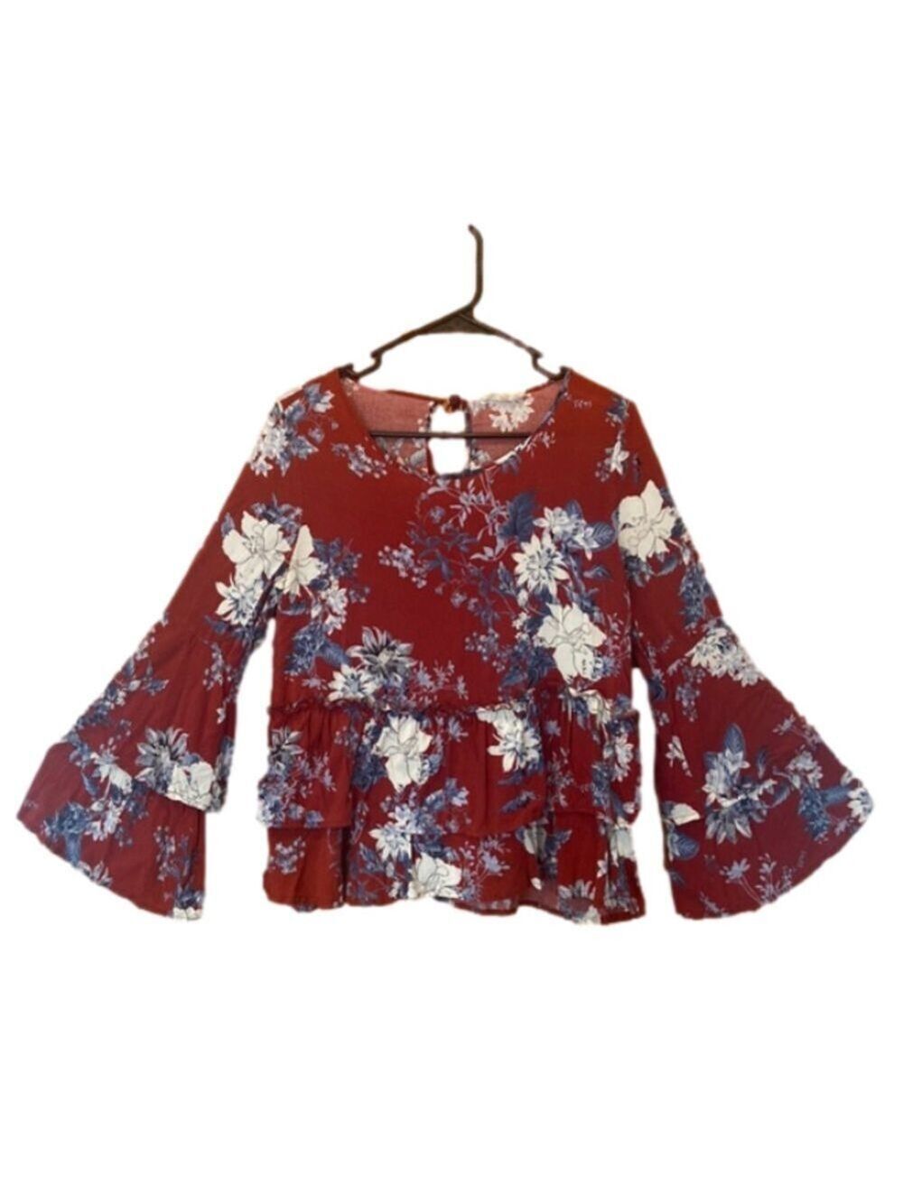 Altar'd State Long Sleeve Boho Style Floral Bell Sleeve and Ruffle Blouse